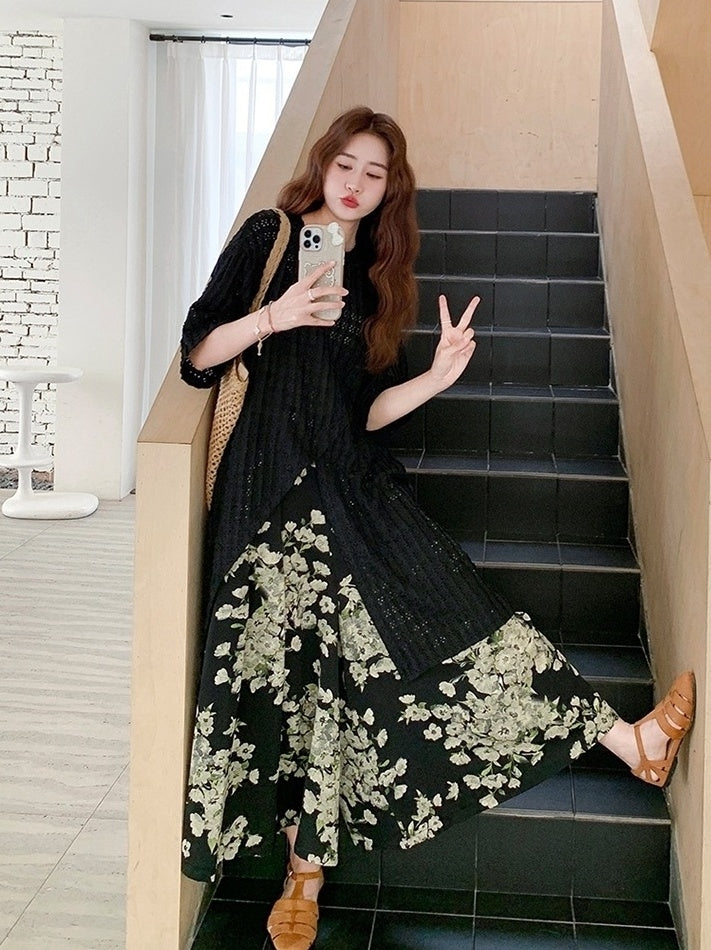 Vintage Floral Cardigan And Wide Leg Pants Set