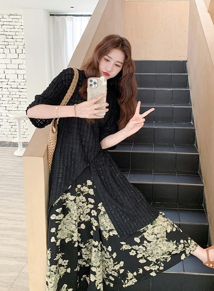 Vintage Floral Cardigan And Wide Leg Pants Set