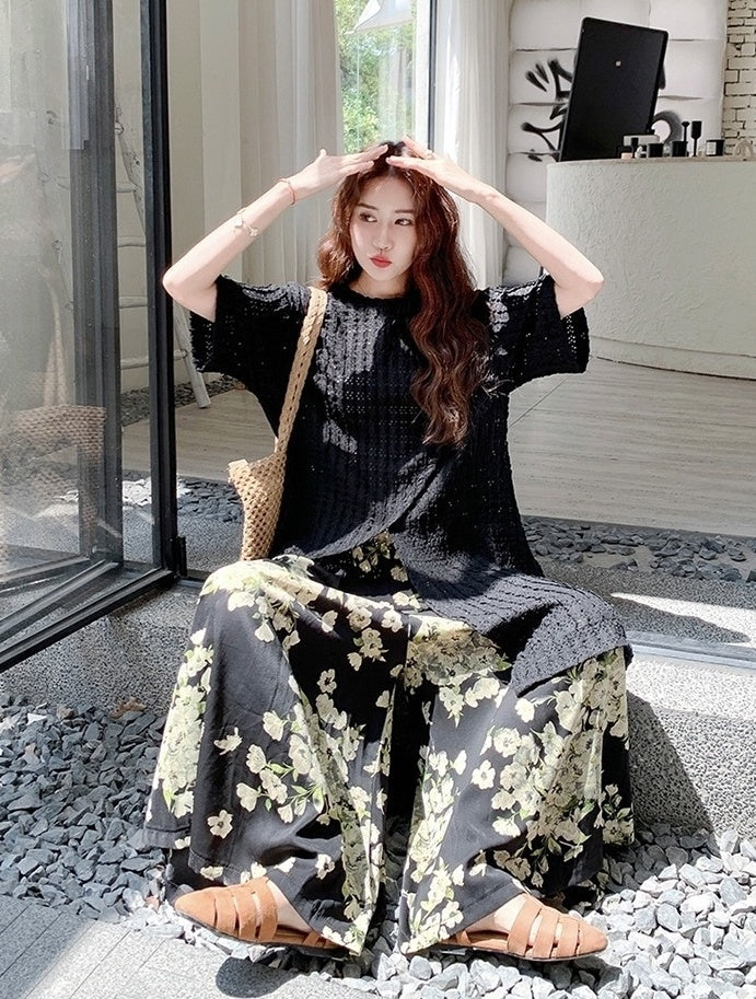 Vintage Floral Cardigan And Wide Leg Pants Set
