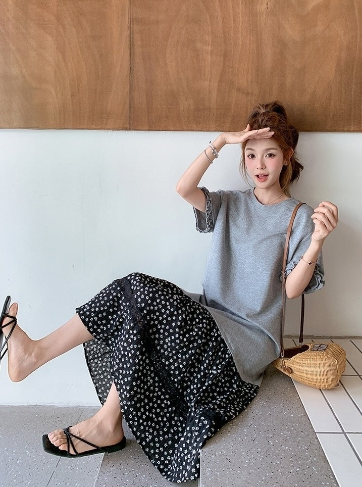 Vintage Floral Patchwork Ruffle Casual Loose T Shirt Dress