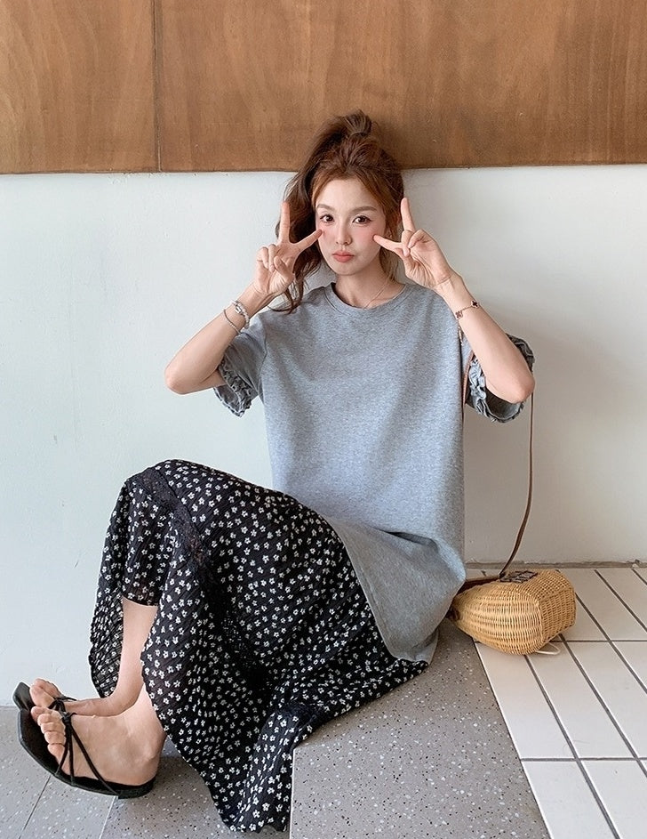 Vintage Floral Patchwork Ruffle Casual Loose T Shirt Dress
