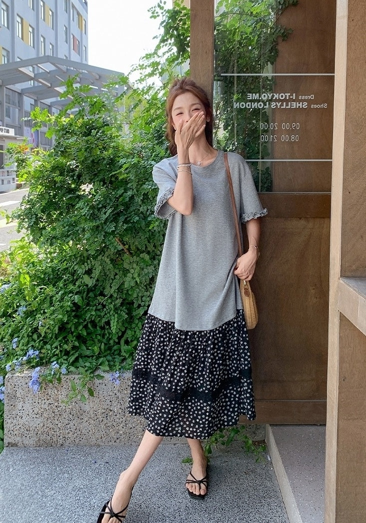 Vintage Floral Patchwork Ruffle Casual Loose T Shirt Dress