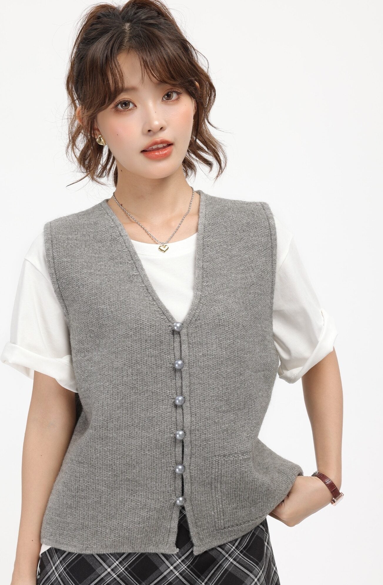 Grey Knitted V-Neck Cardigan Vest