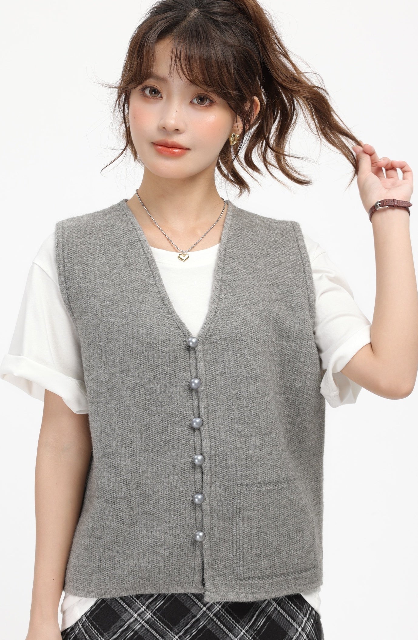 Grey Knitted V-Neck Cardigan Vest