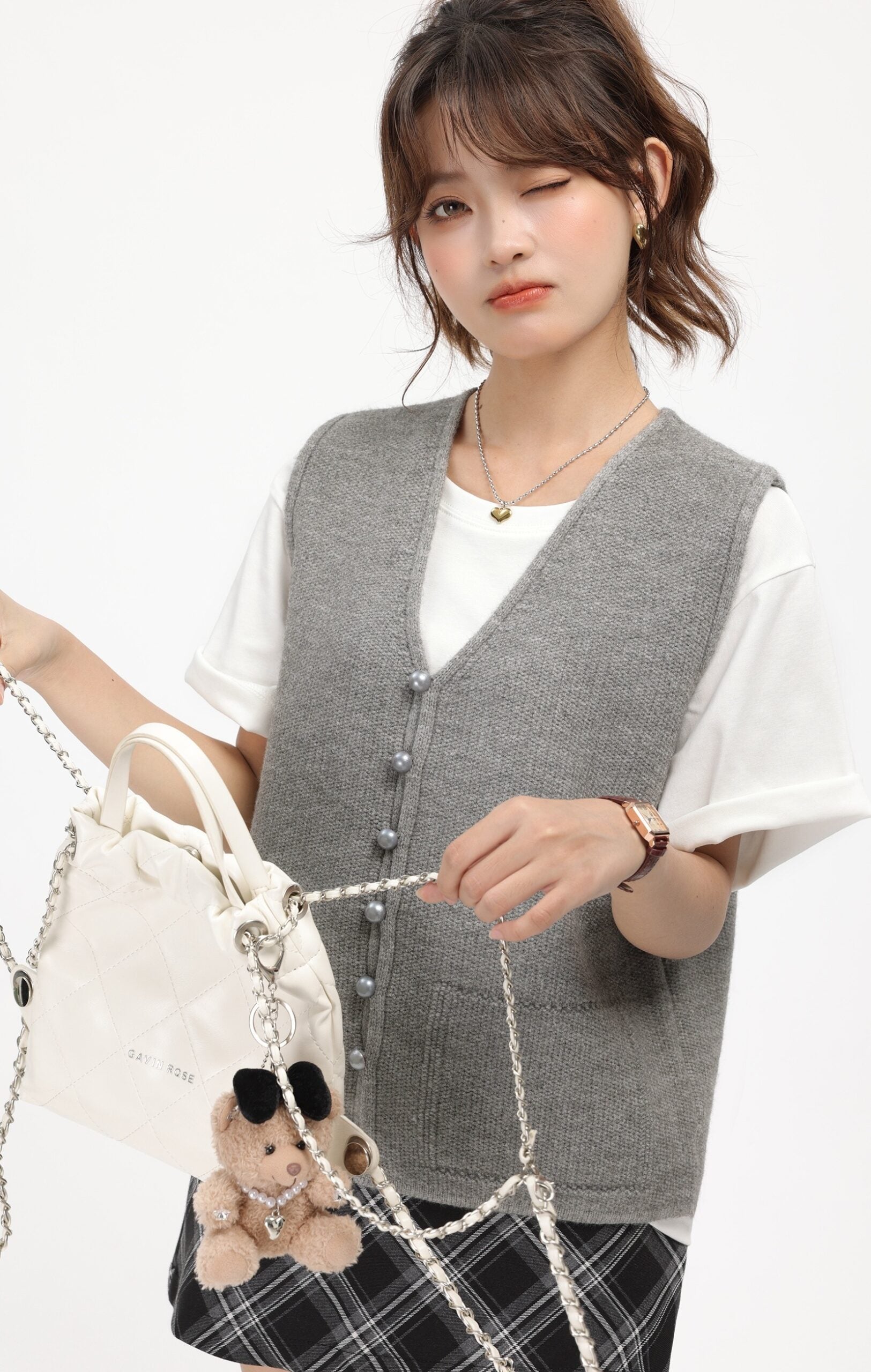 Grey Knitted V-Neck Cardigan Vest