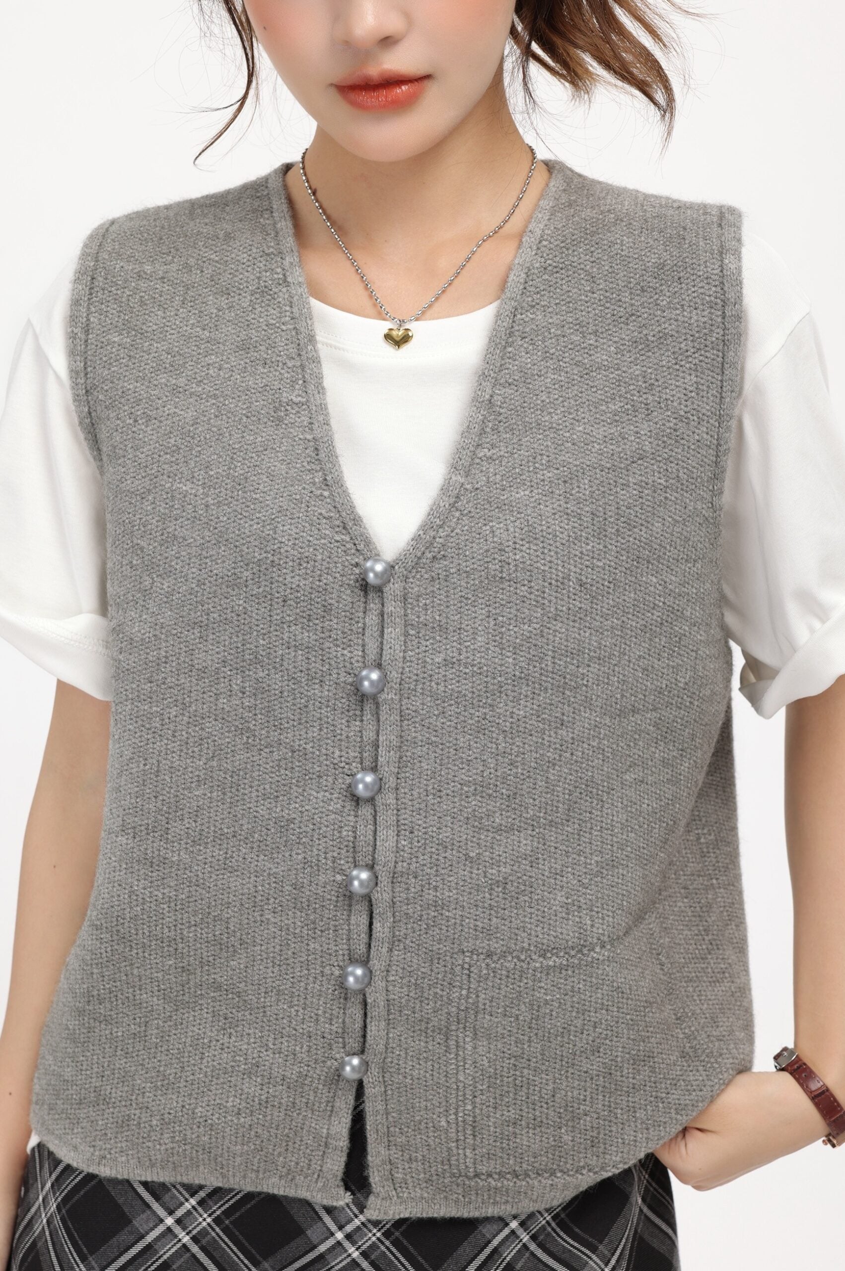 Grey Knitted V-Neck Cardigan Vest