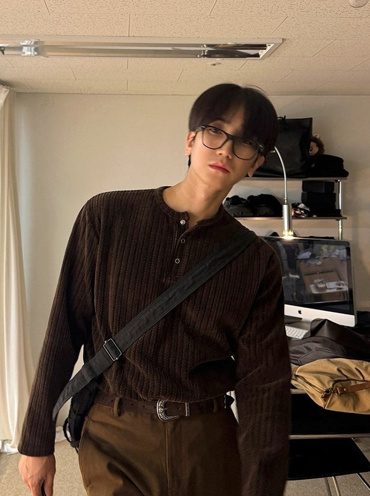 Vintage Henley Neck Long Sleeve Base Layer Shirt