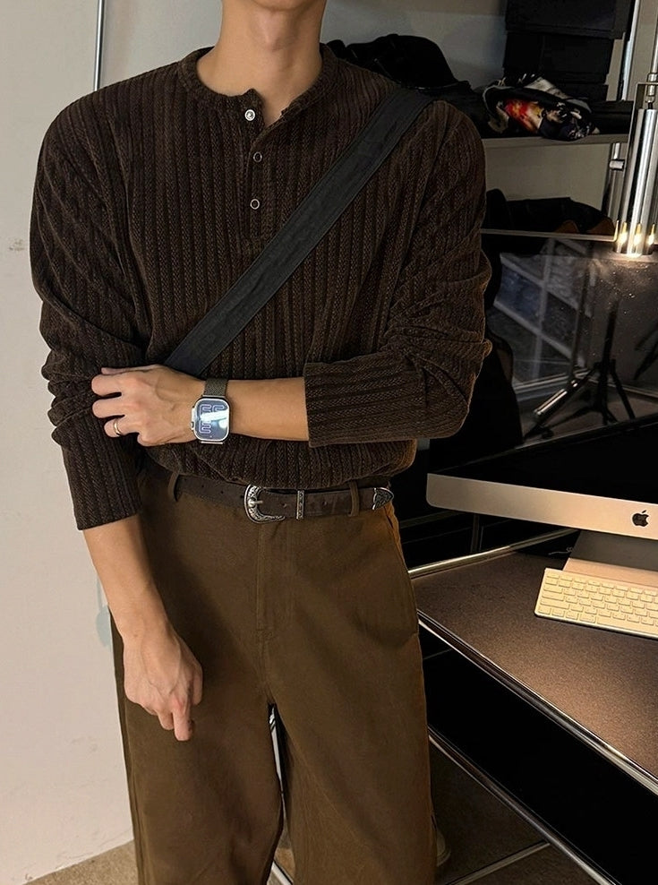 Vintage Henley Neck Long Sleeve Base Layer Shirt