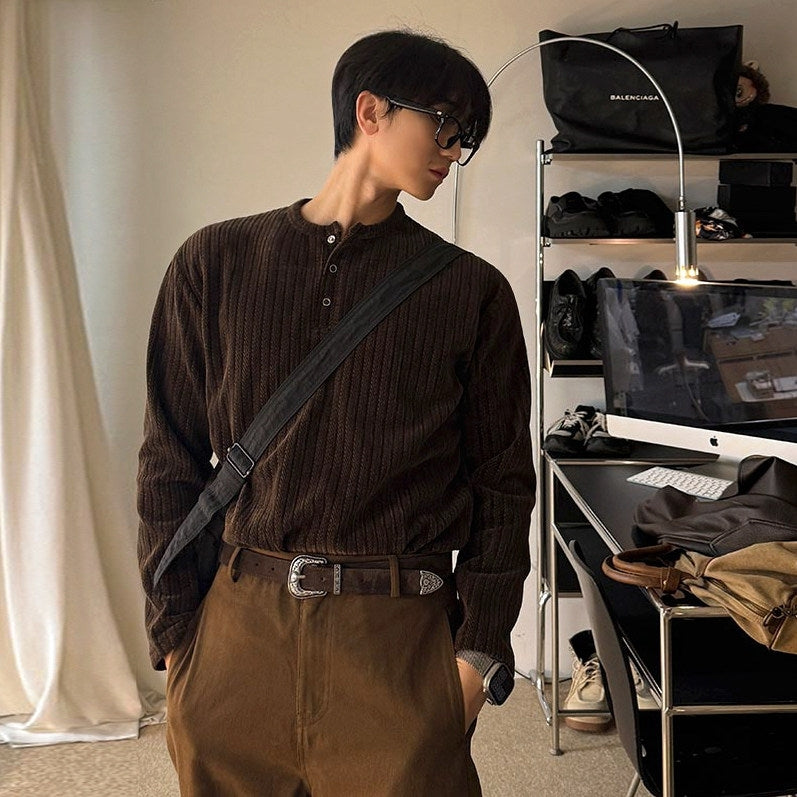 Vintage Henley Neck Long Sleeve Base Layer Shirt