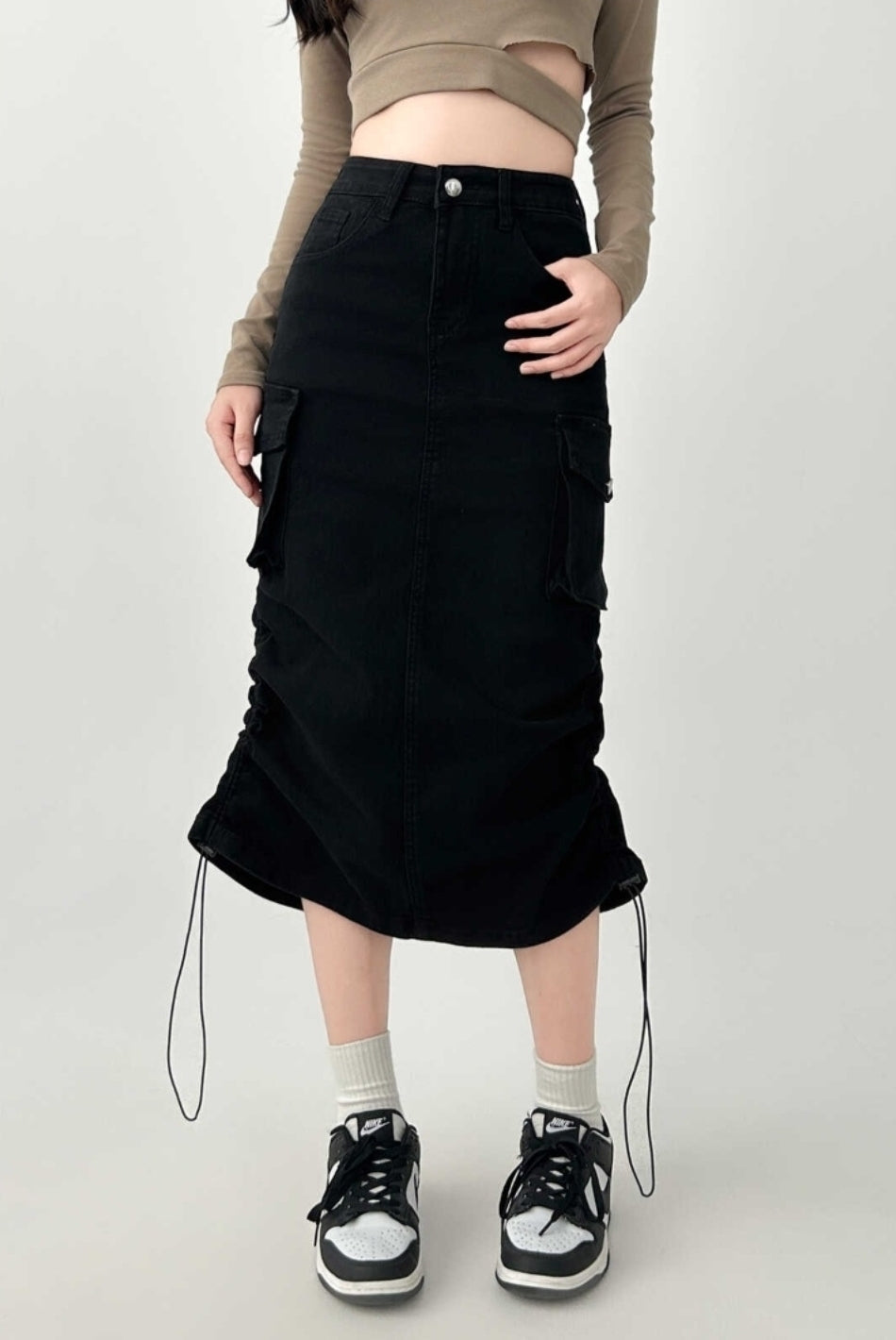 Vintage High Waist Black Denim Midi Skirt