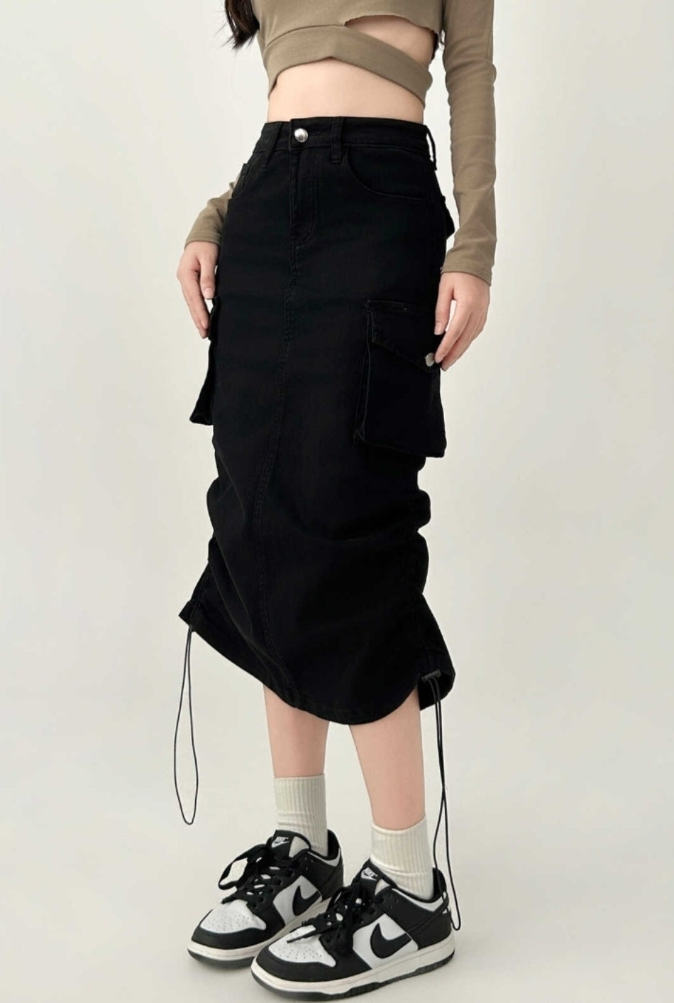 Vintage High Waist Black Denim Midi Skirt