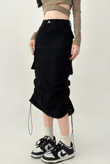 Vintage High Waist Black Denim Midi Skirt