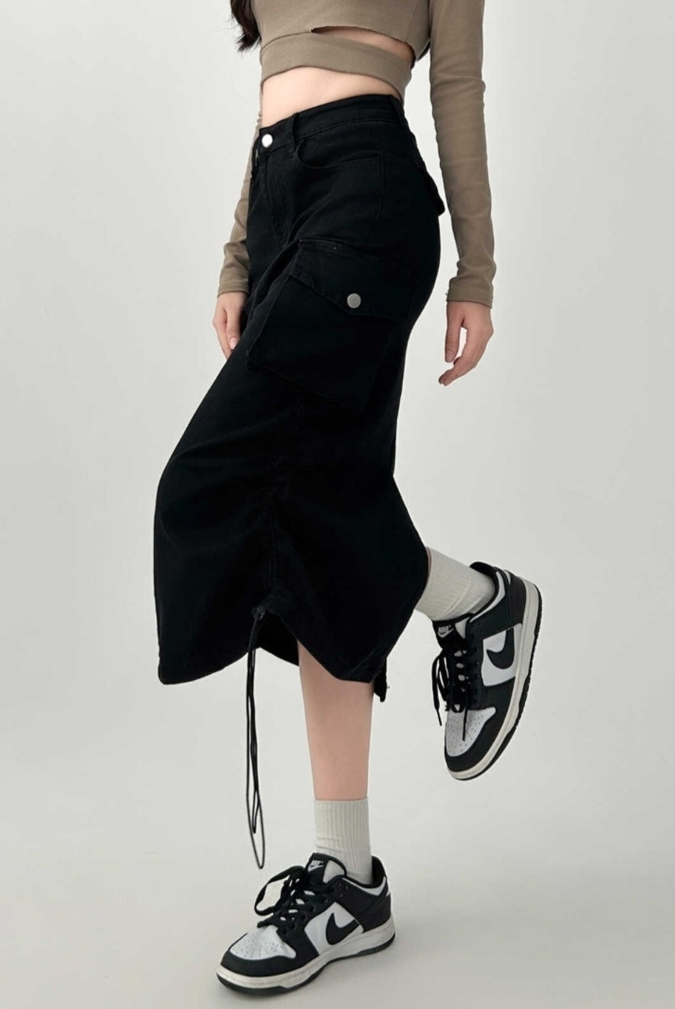 Vintage High Waist Black Denim Midi Skirt