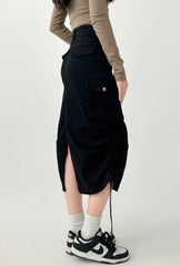Vintage High Waist Black Denim Midi Skirt