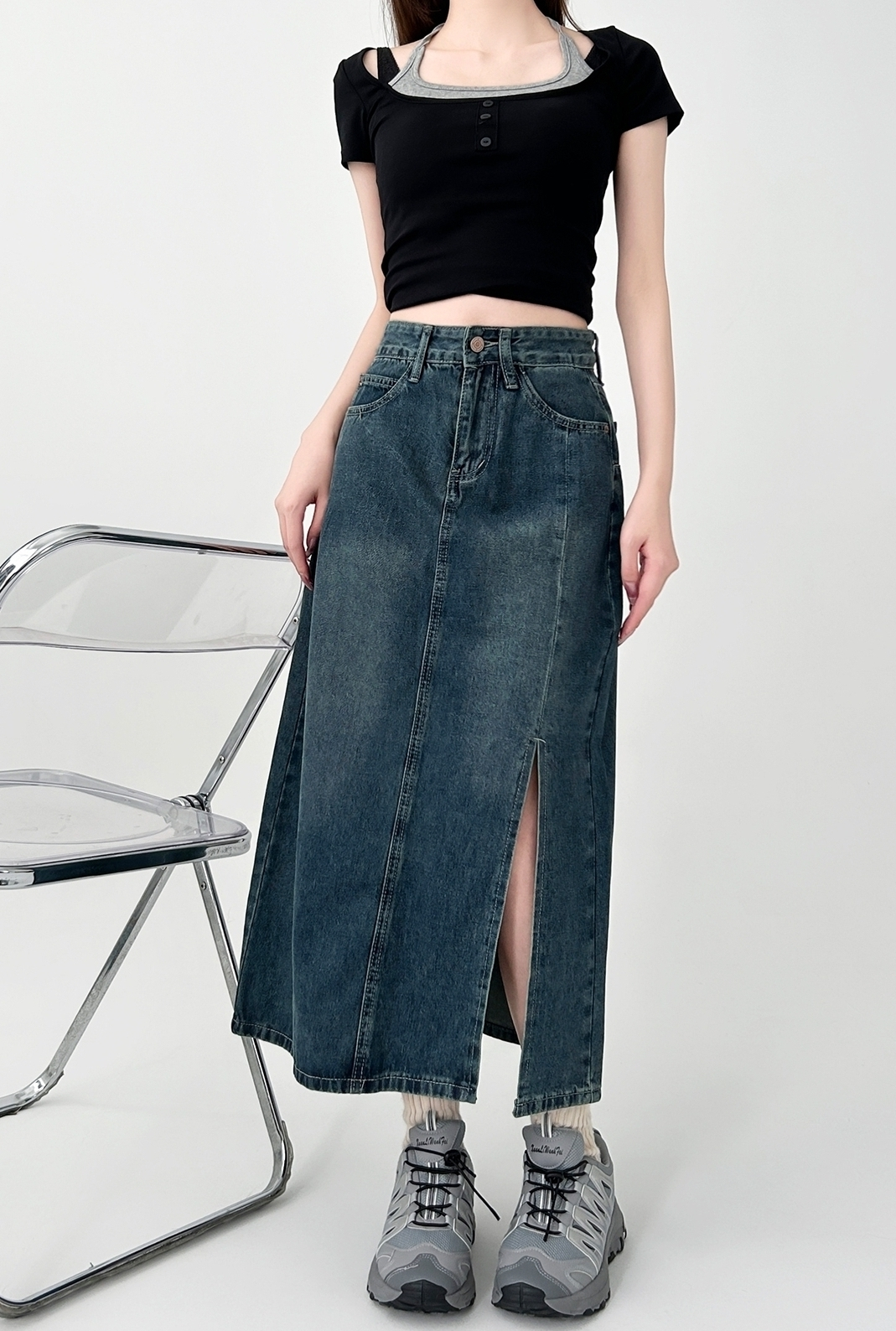 Vintage High Waist Denim Split Maxi Skirt