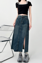 Vintage High Waist Denim Split Maxi Skirt