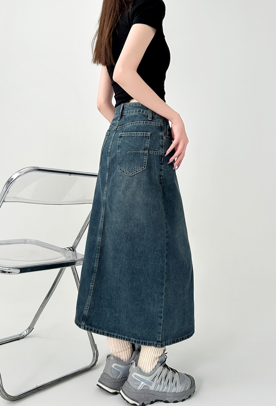 Vintage High Waist Denim Split Maxi Skirt
