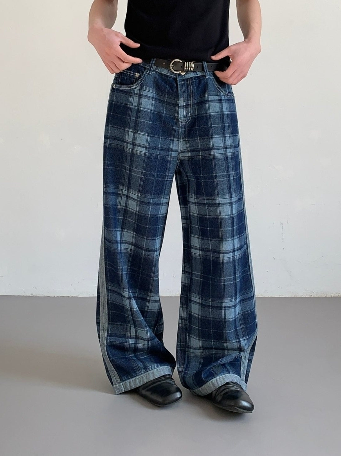 Vintage High Waist Wide Leg Plaid Jeans