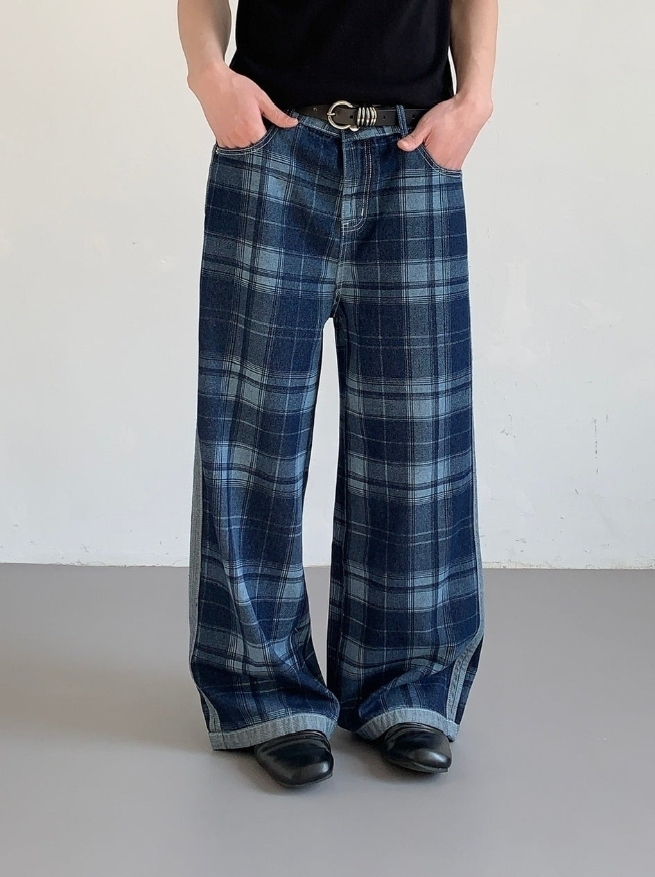 Vintage High Waist Wide Leg Plaid Jeans