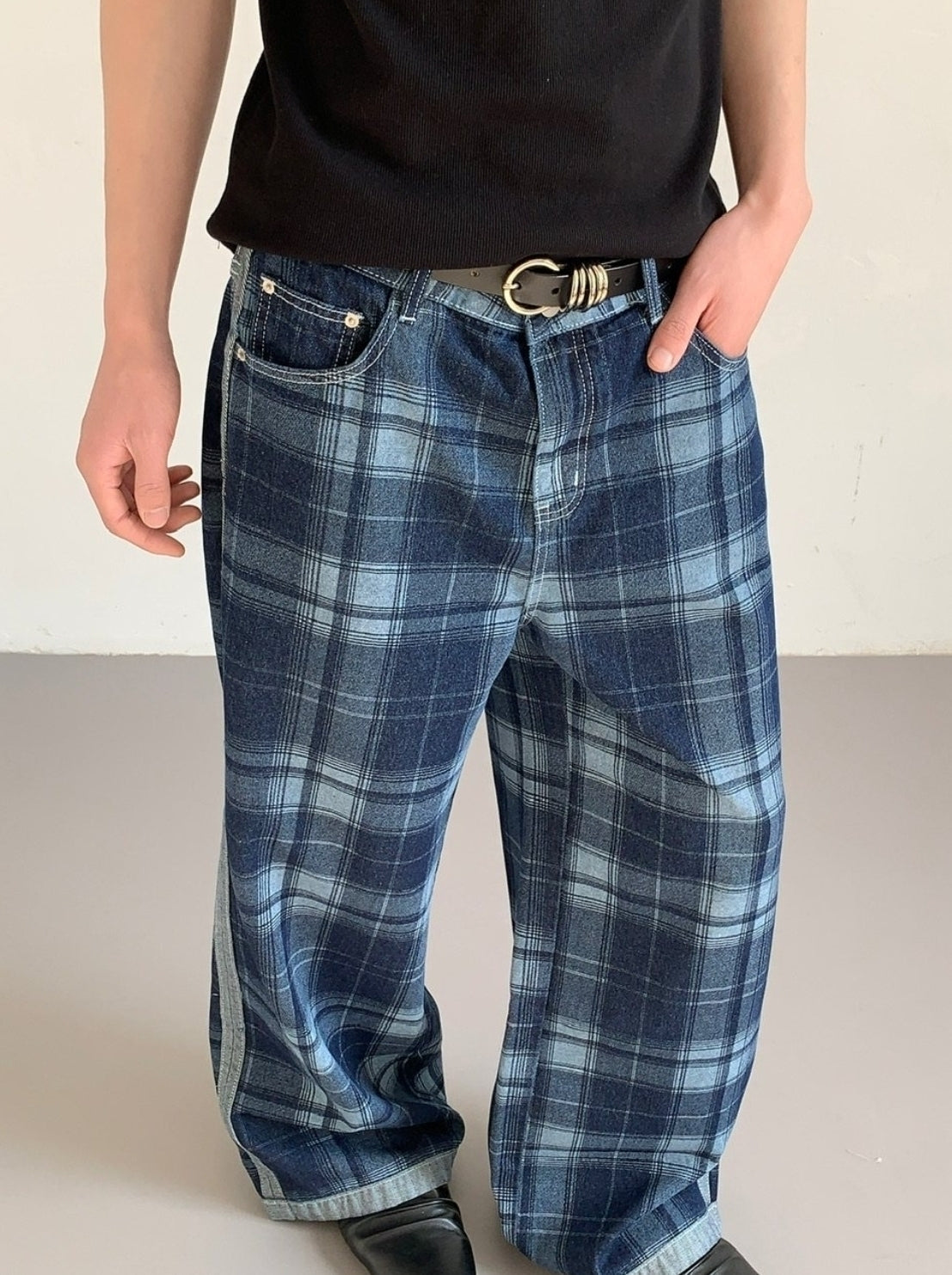 Vintage High Waist Wide Leg Plaid Jeans