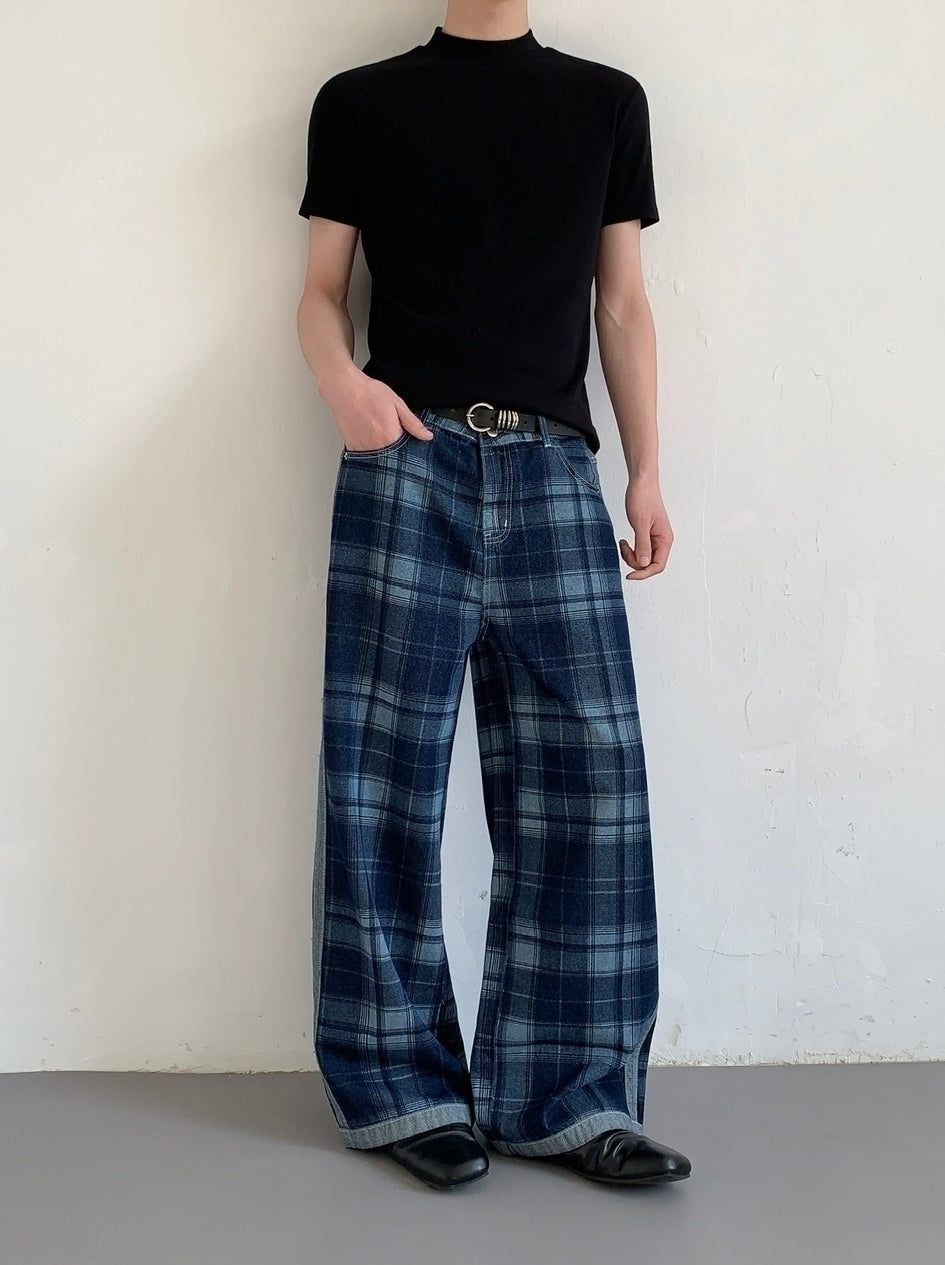 Vintage High Waist Wide Leg Plaid Jeans