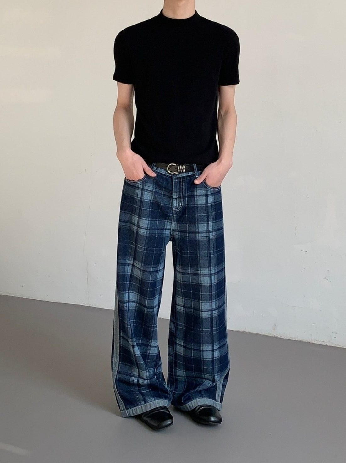 Vintage High Waist Wide Leg Plaid Jeans