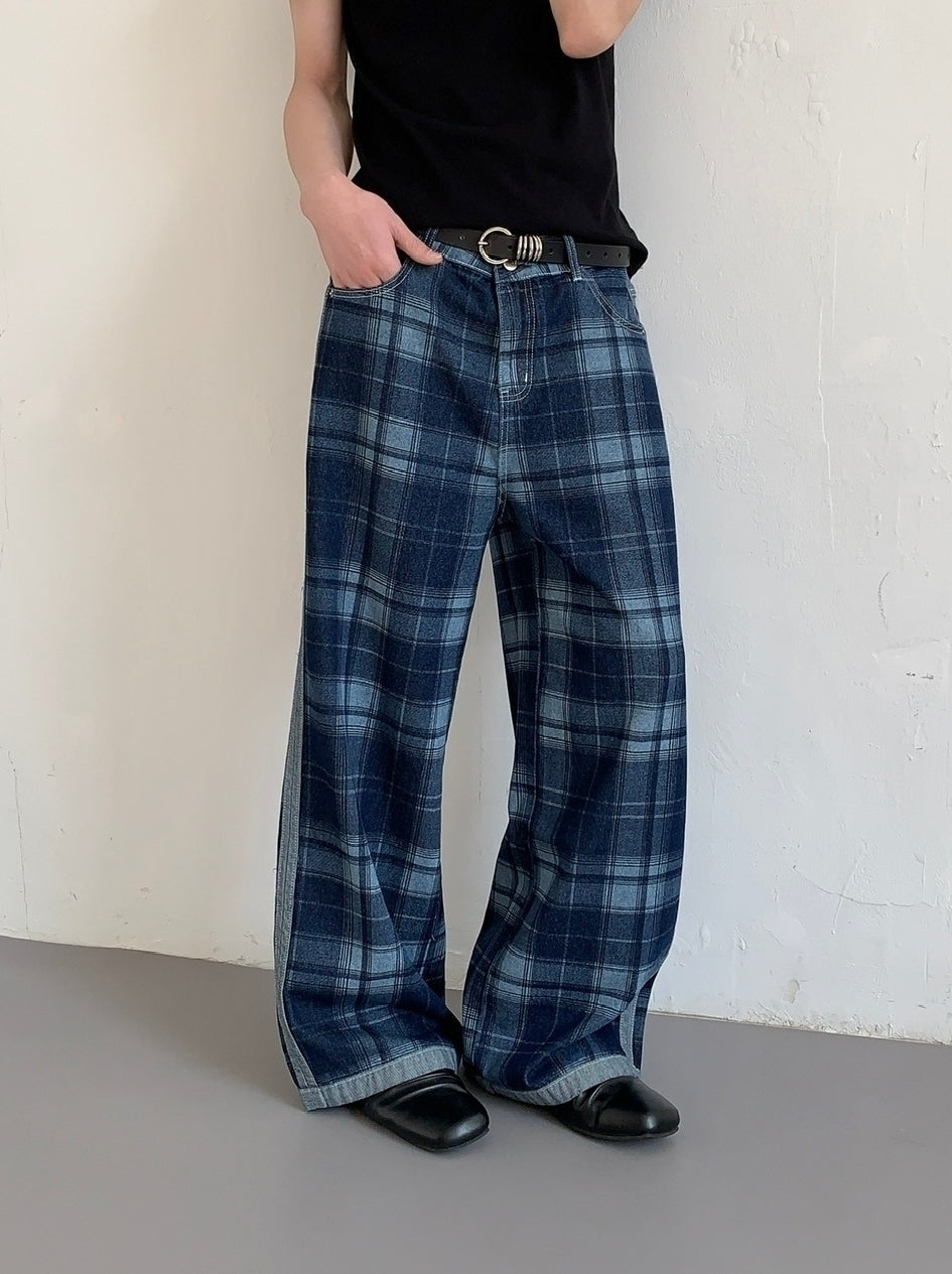 Vintage High Waist Wide Leg Plaid Jeans
