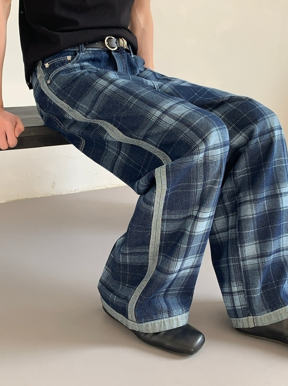 Vintage High Waist Wide Leg Plaid Jeans