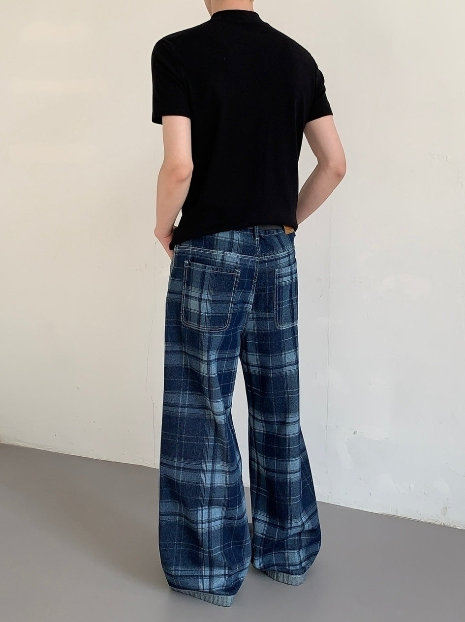 Vintage High Waist Wide Leg Plaid Jeans