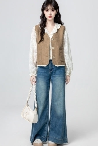 Vintage Khaki V Neck Sleeveless Cardigan Vest