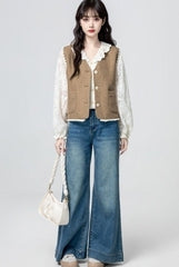 Vintage Khaki V Neck Sleeveless Cardigan Vest