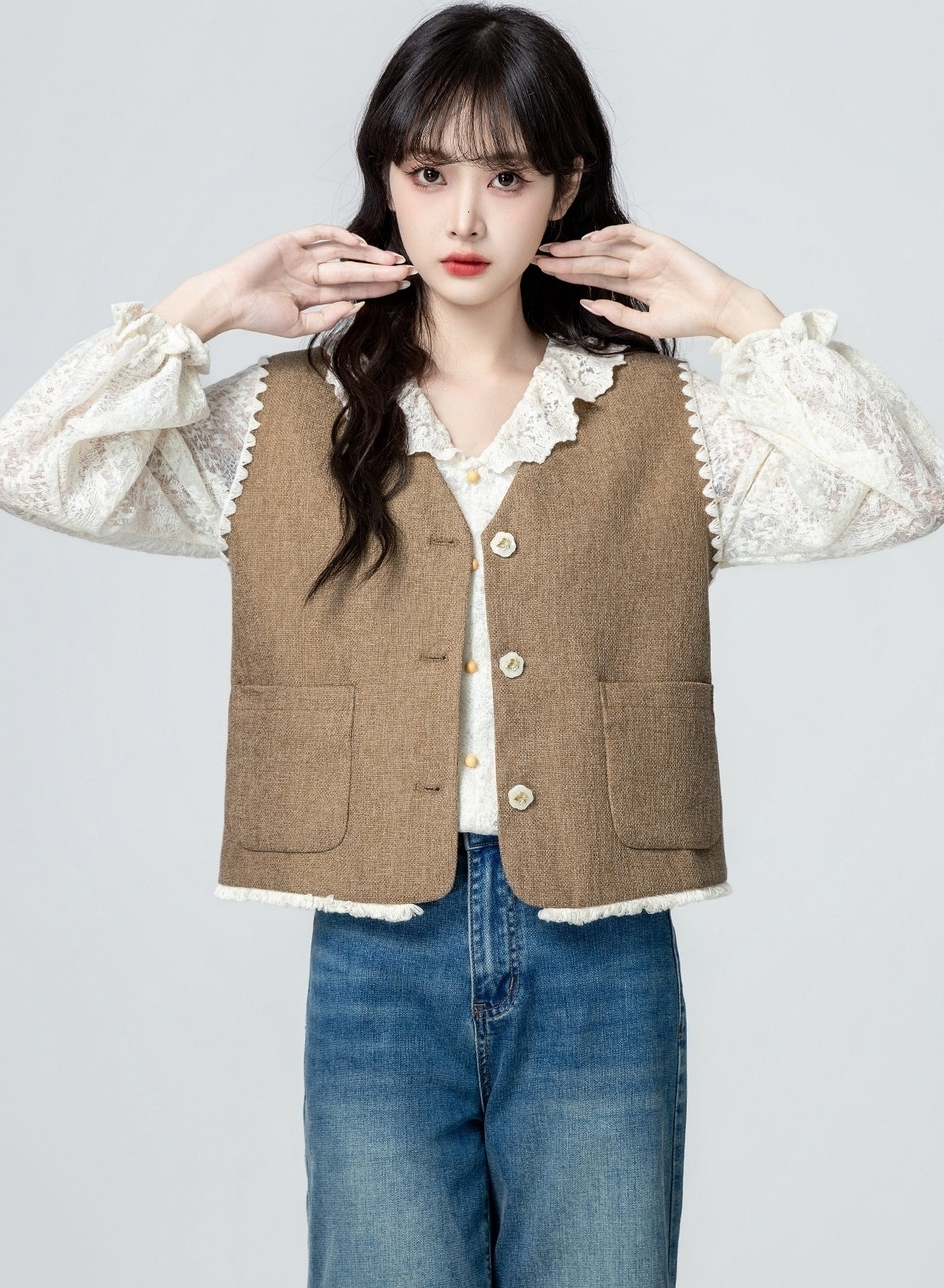 Vintage Khaki V Neck Sleeveless Cardigan Vest