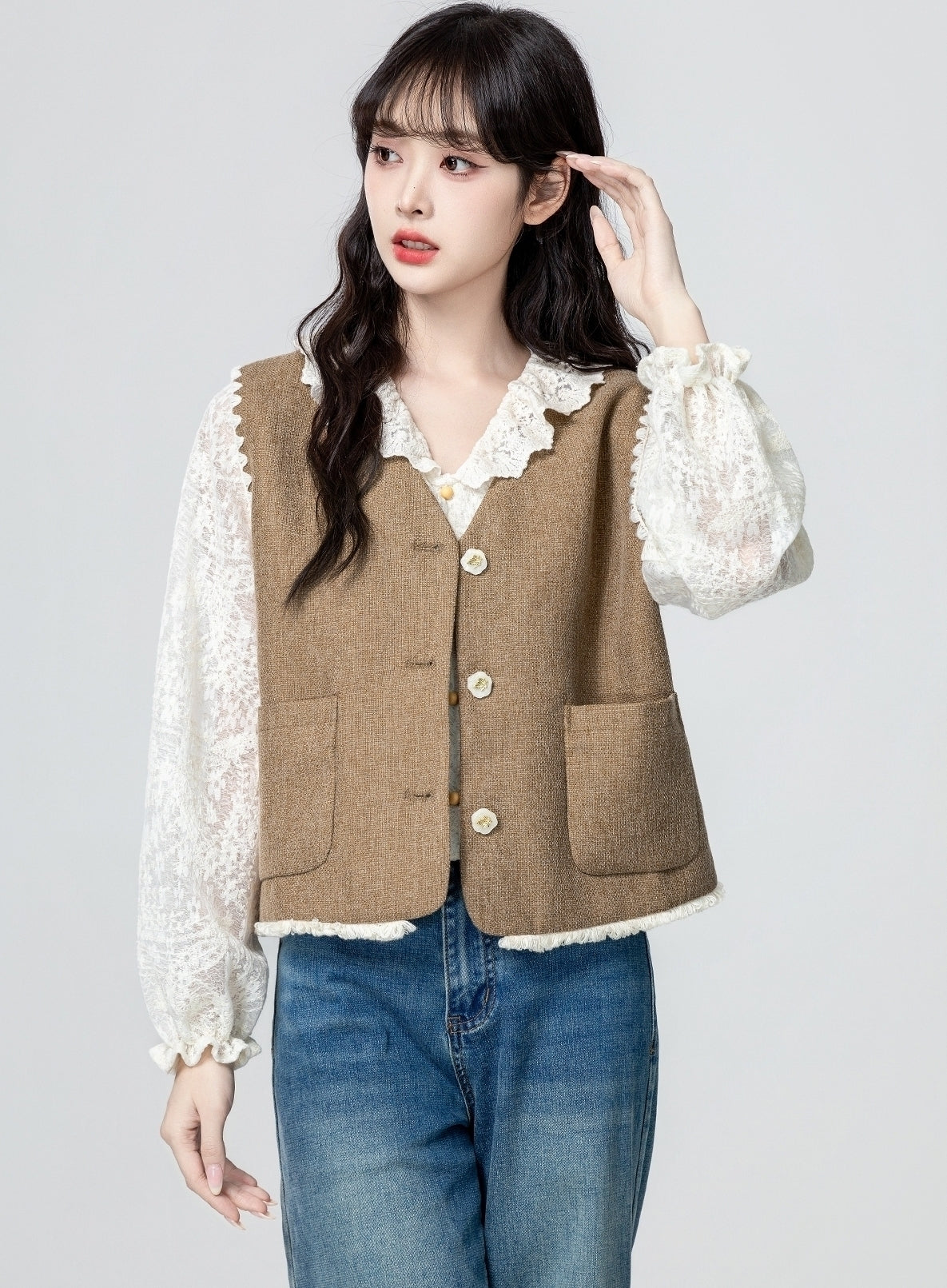 Vintage Khaki V Neck Sleeveless Cardigan Vest