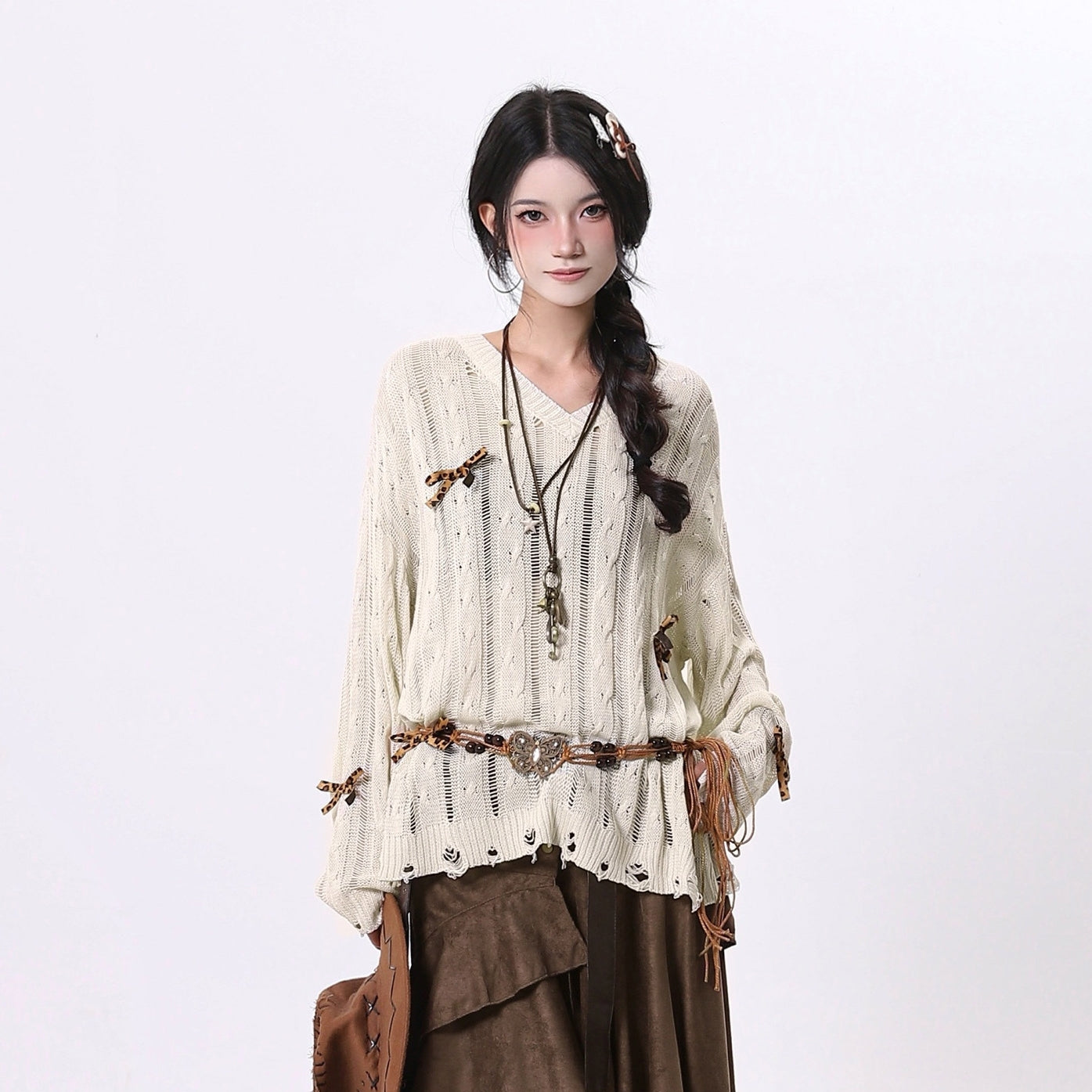 Vintage Knit Cardigan With Bow Detail
