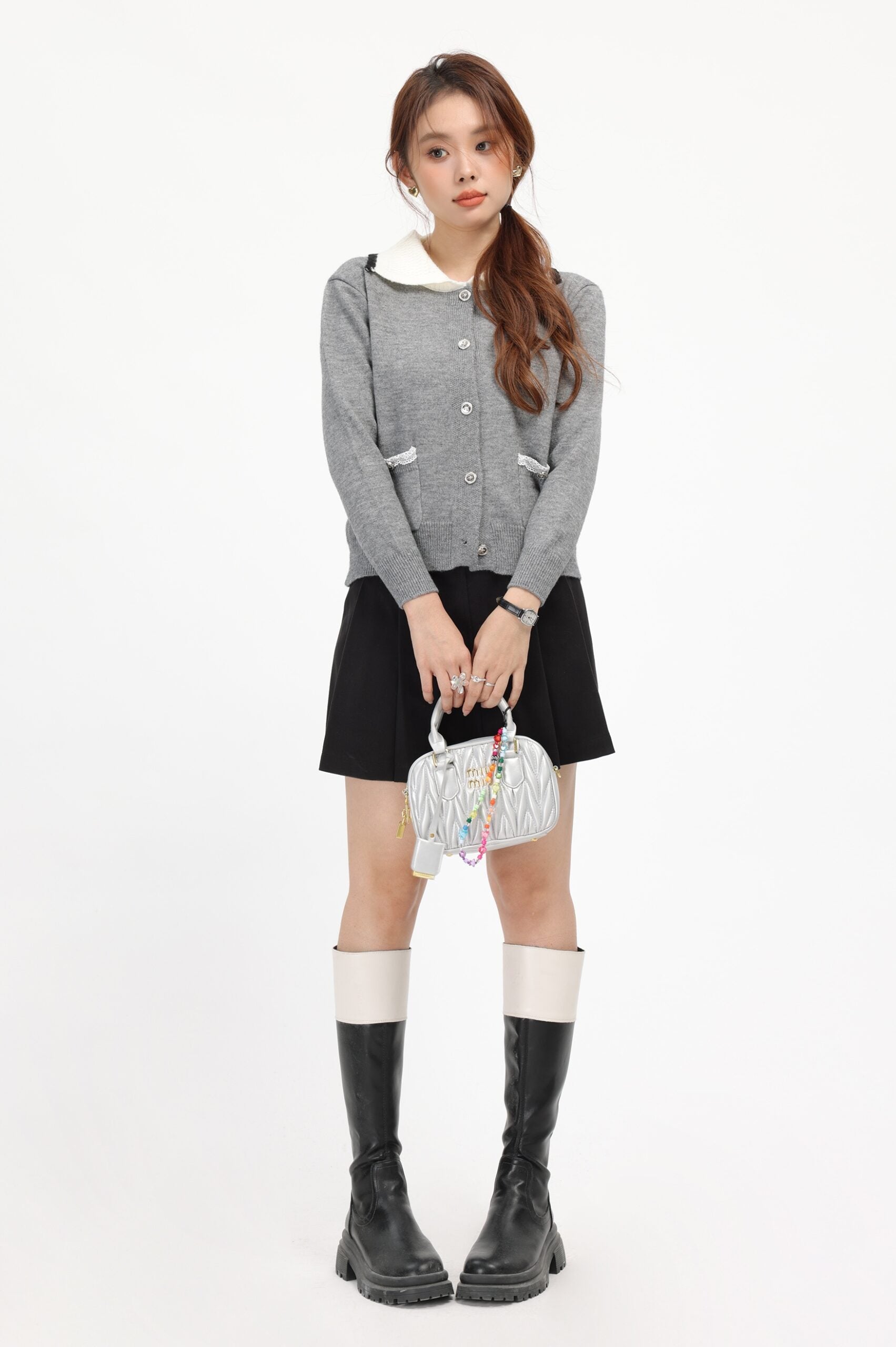 Grey Lapel Collared Buttoned Knit Cardigan