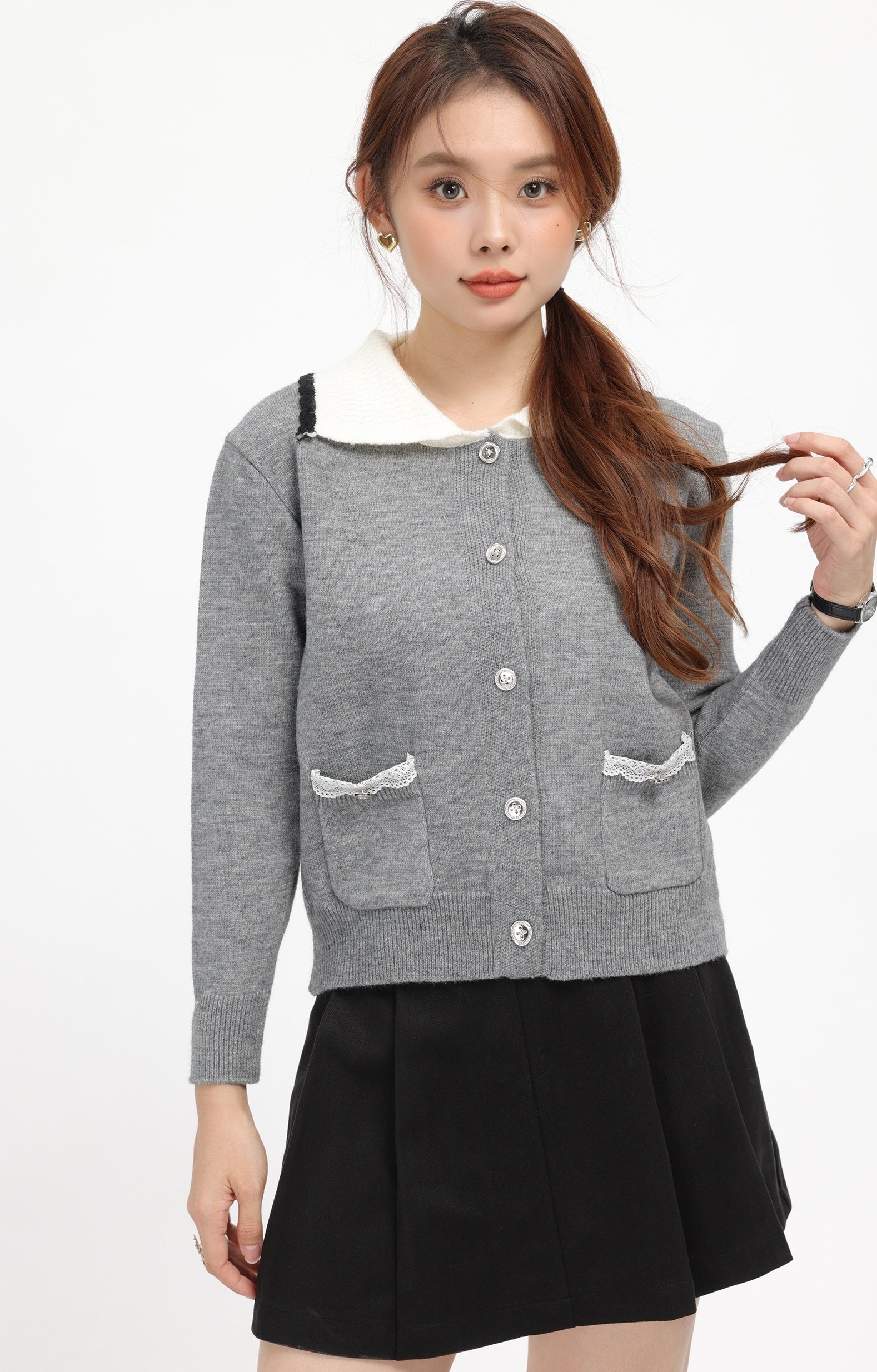 Gray Vintage Knit Cardigan With Sweet Collar