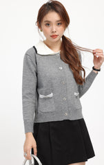 Grey Lapel Collared Buttoned Knit Cardigan