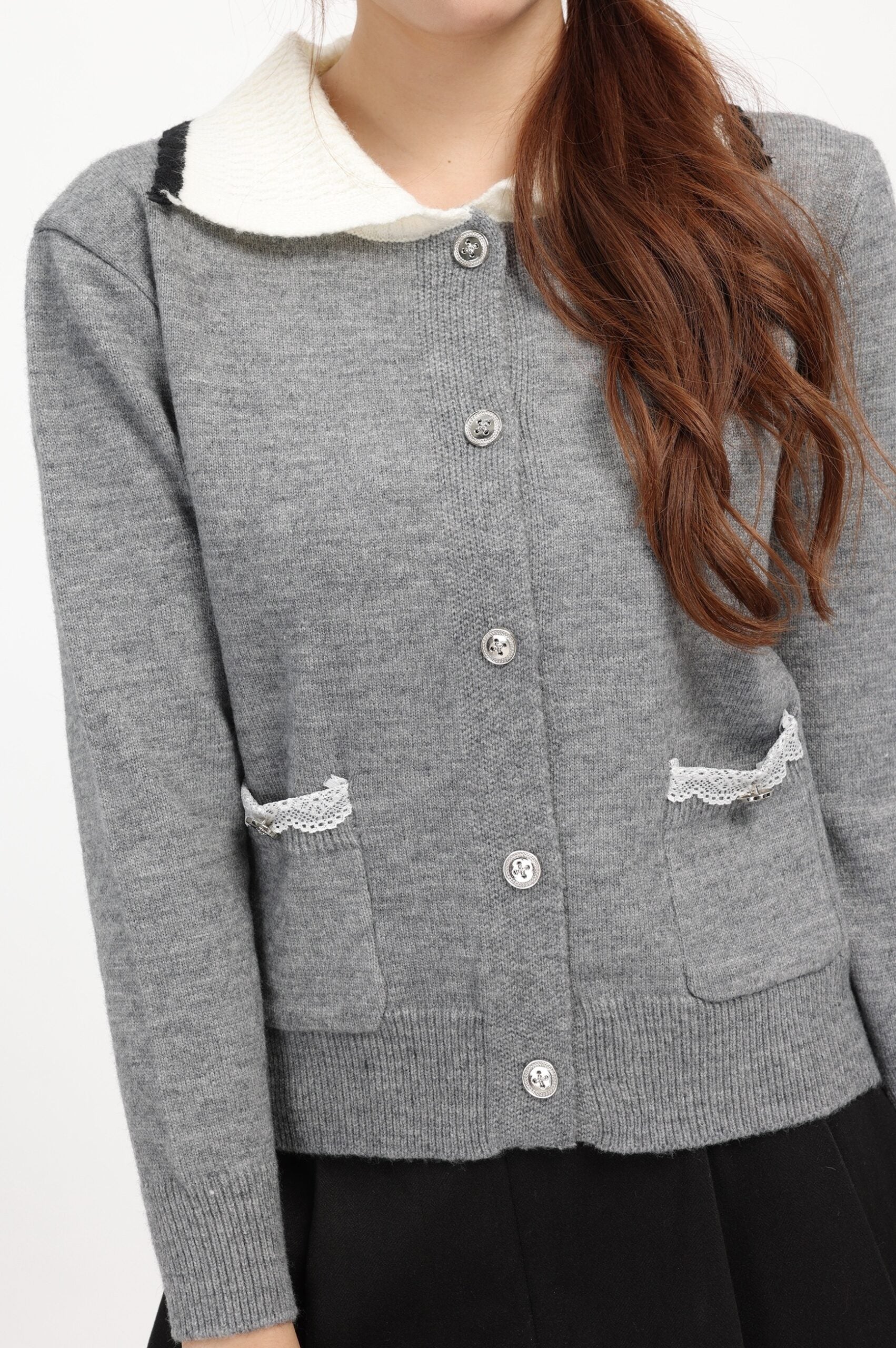 Gray Vintage Knit Cardigan With Sweet Collar