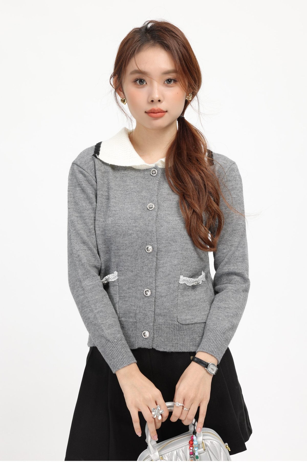Grey Lapel Collared Buttoned Knit Cardigan