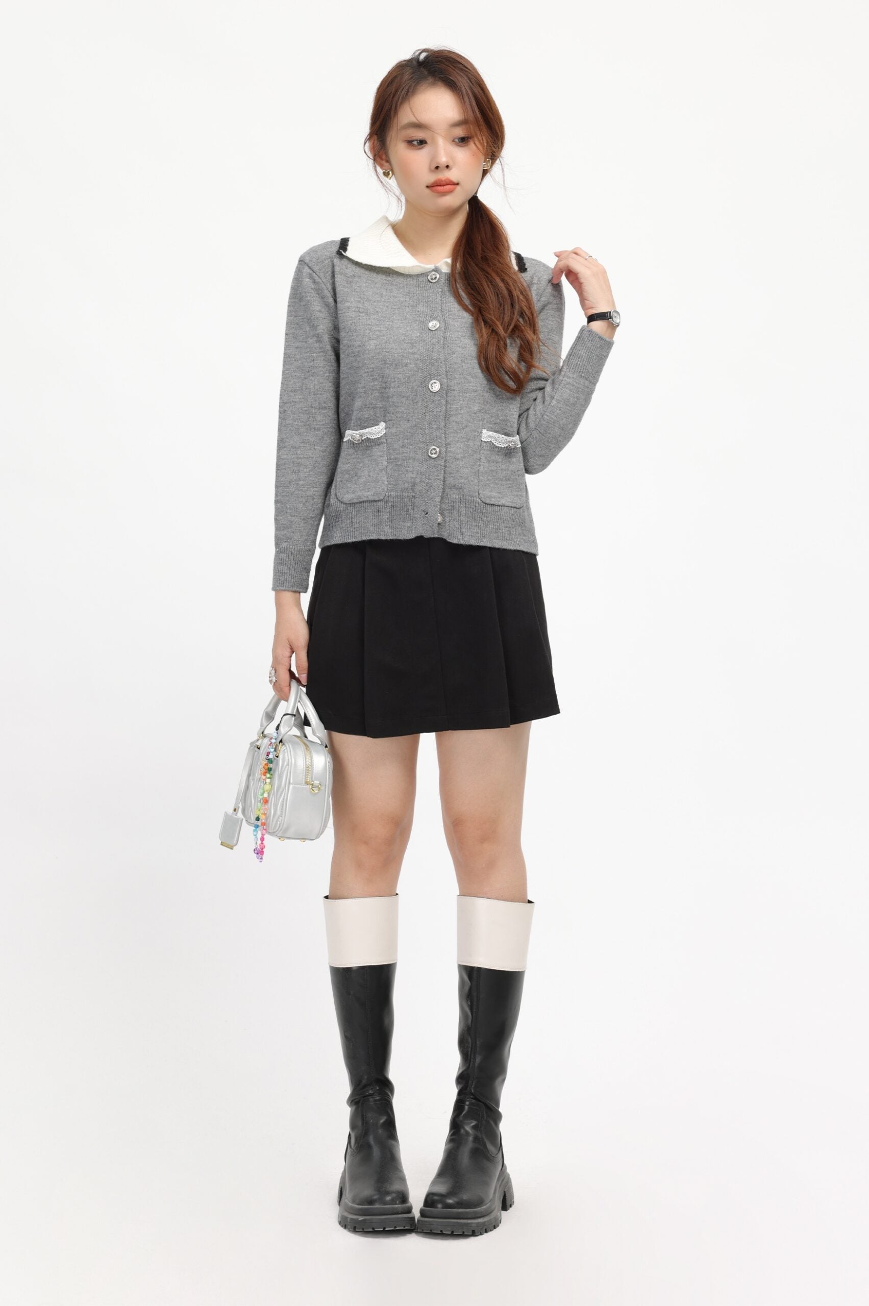 Grey Lapel Collared Buttoned Knit Cardigan