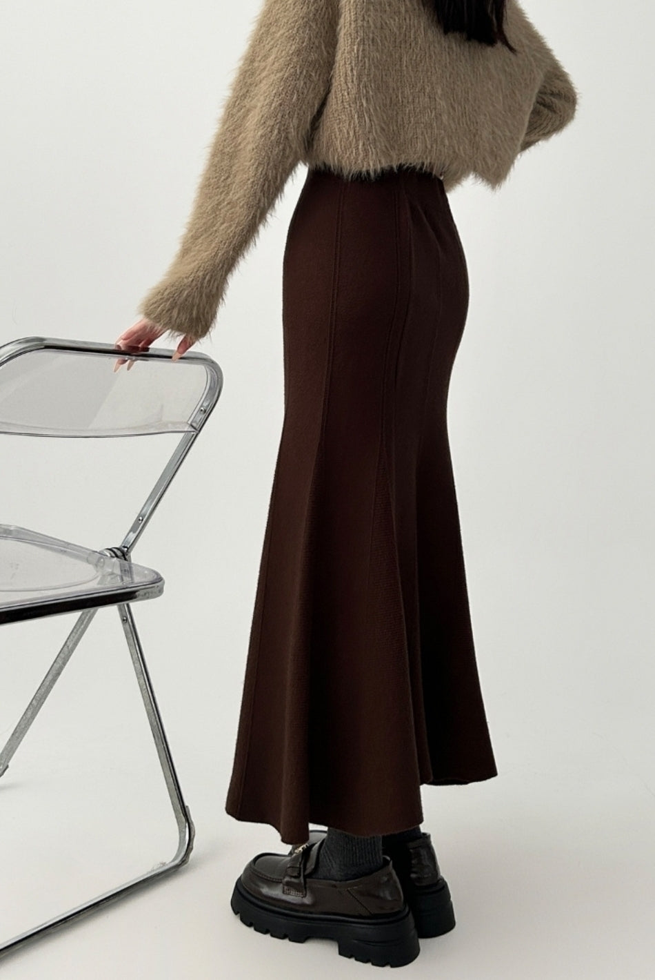 Vintage Knit Flare Midi Skirt Brown