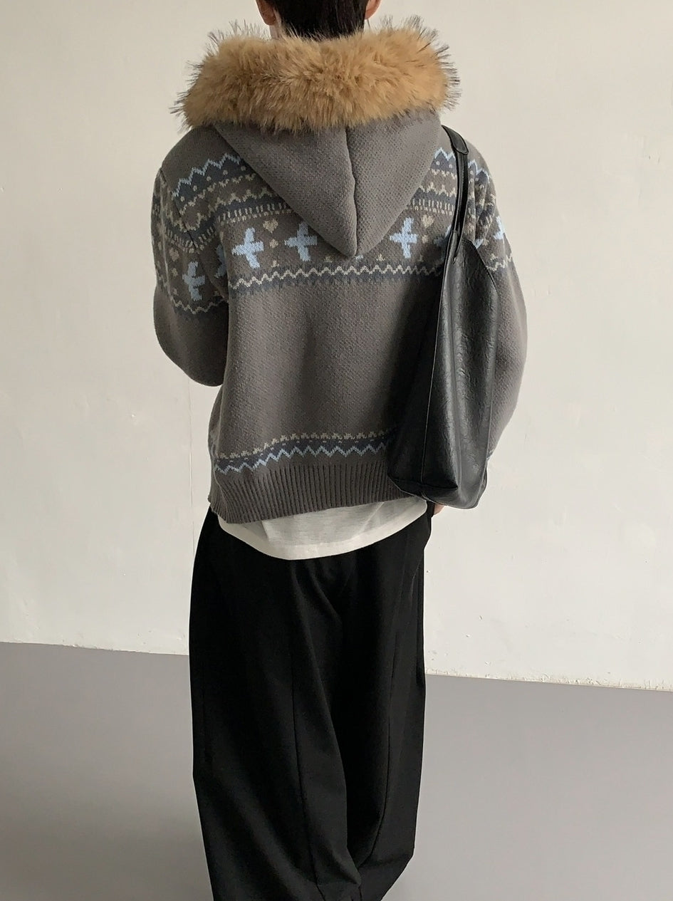 Vintage Knit Hooded Cardigan With Faux Fur Collar