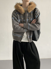 Vintage Knit Hooded Cardigan With Faux Fur Collar