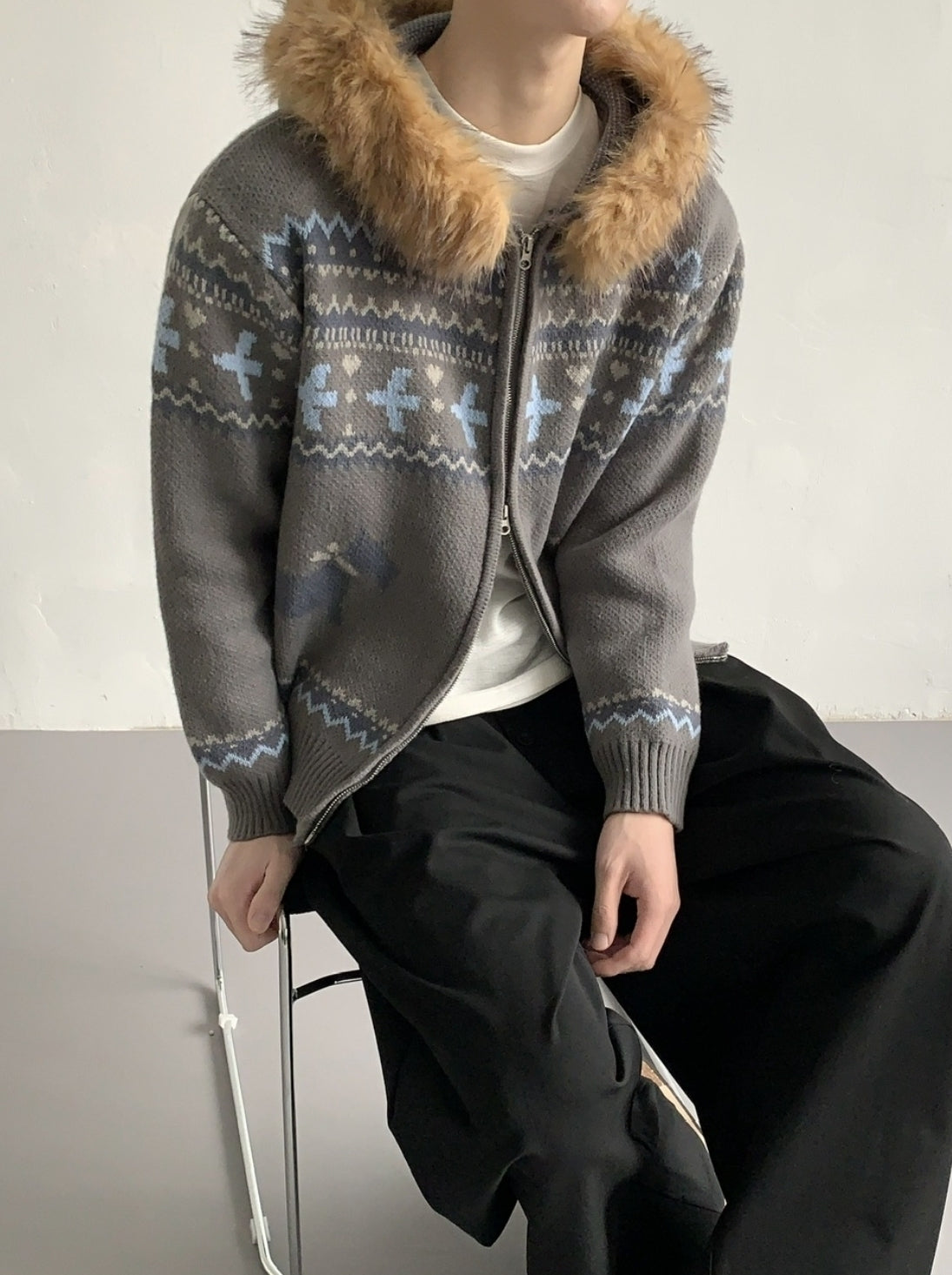 Vintage Knit Hooded Cardigan With Faux Fur Collar