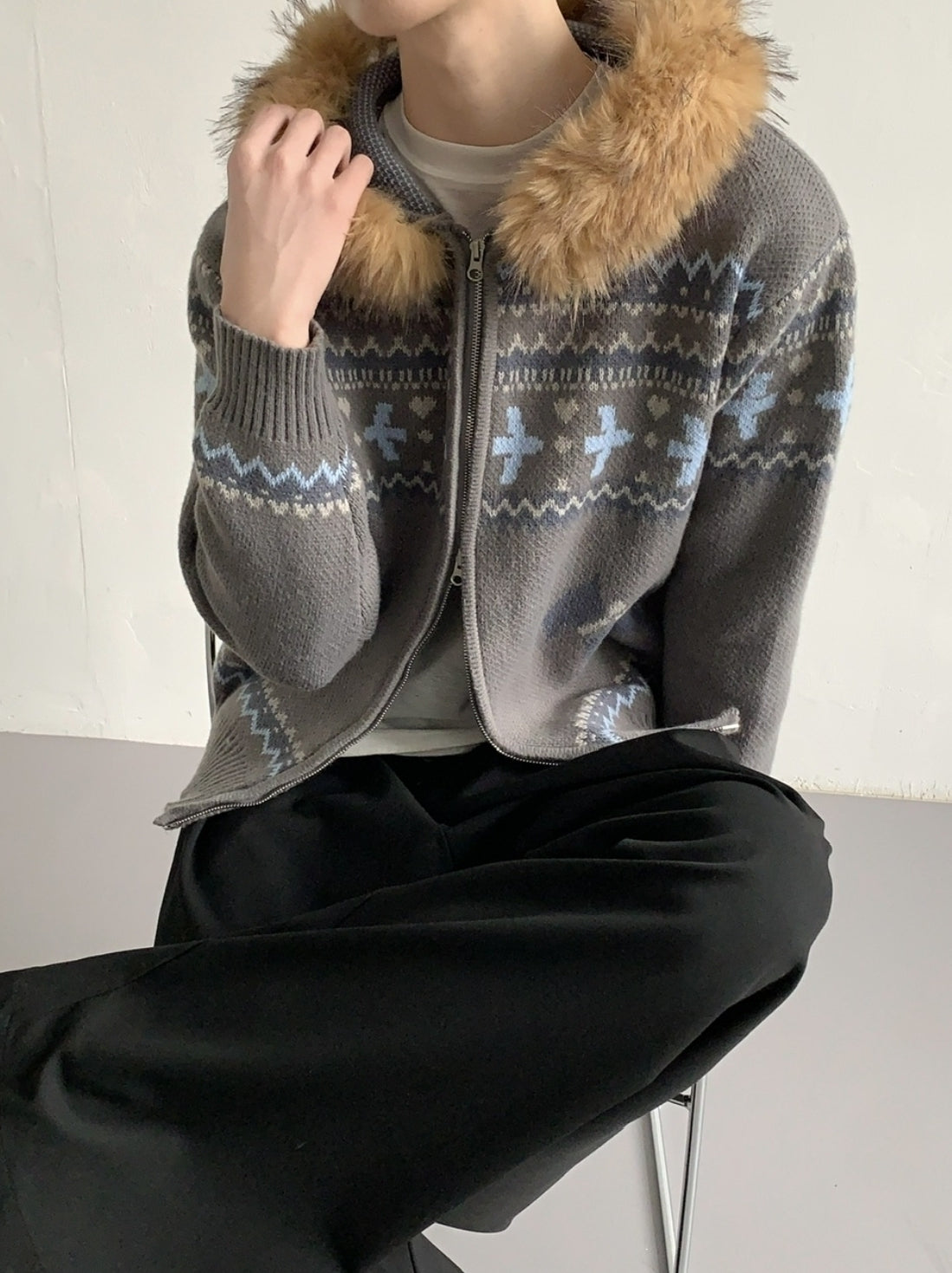 Vintage Knit Hooded Cardigan With Faux Fur Collar