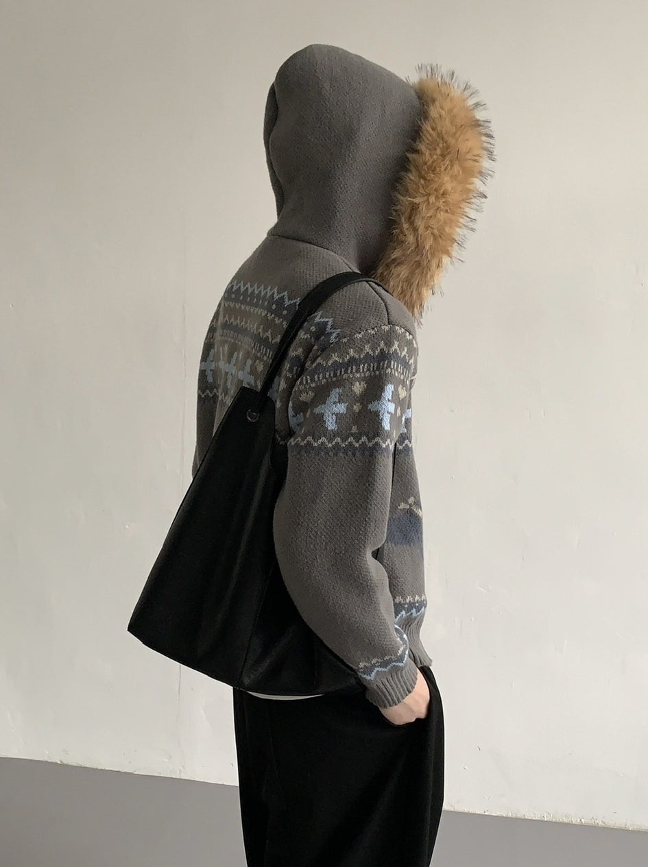 Vintage Knit Hooded Cardigan With Faux Fur Collar