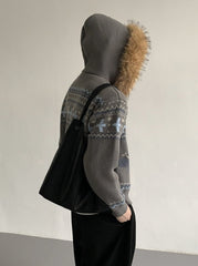 Vintage Knit Hooded Cardigan With Faux Fur Collar