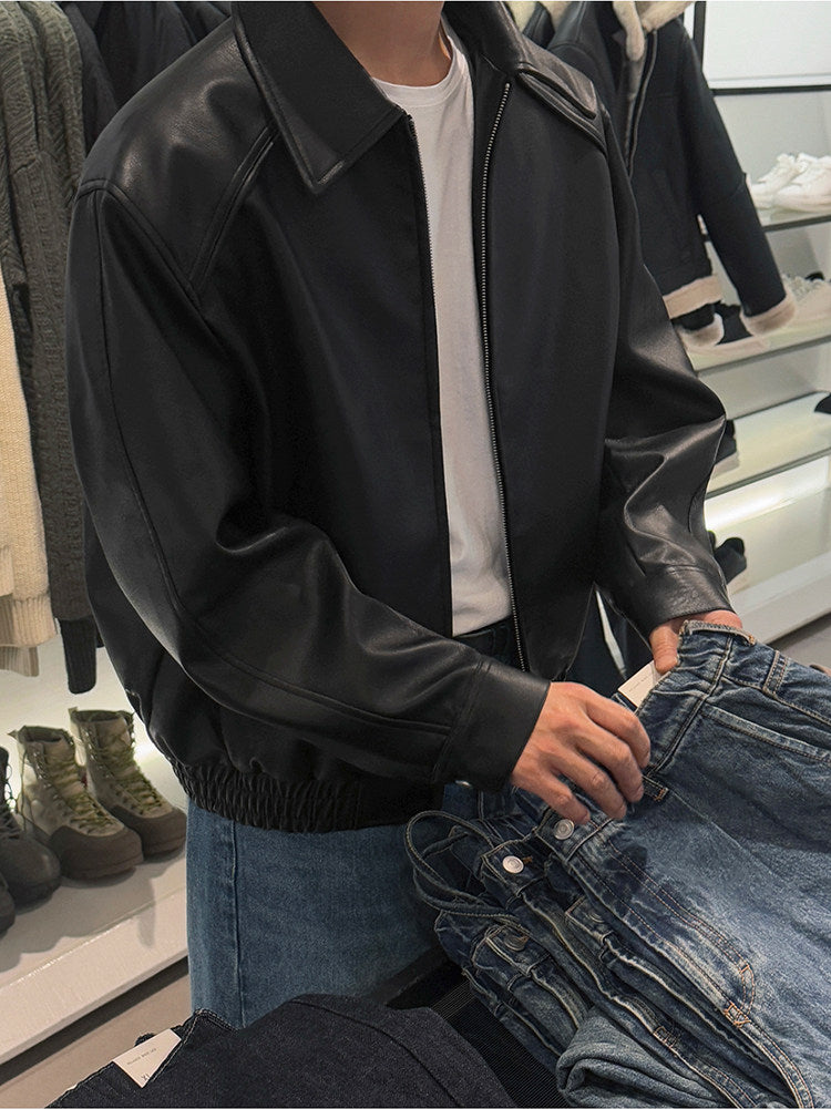 Vintage Lapel Cropped Leather Jacket Casual Loose Fit