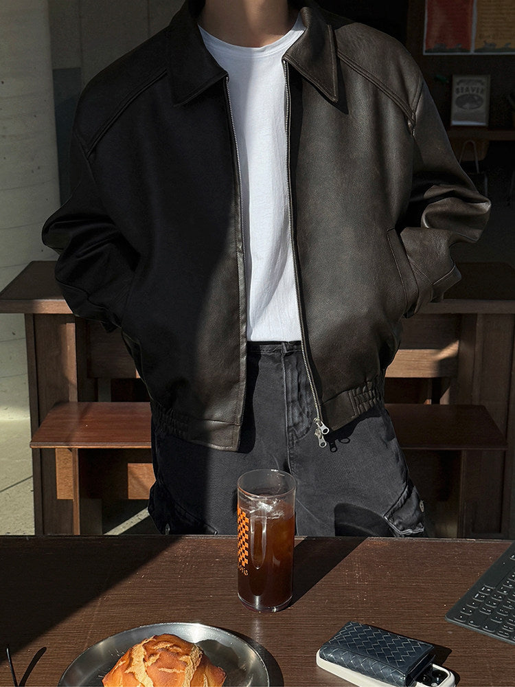 Vintage Lapel Cropped Leather Jacket Casual Loose Fit