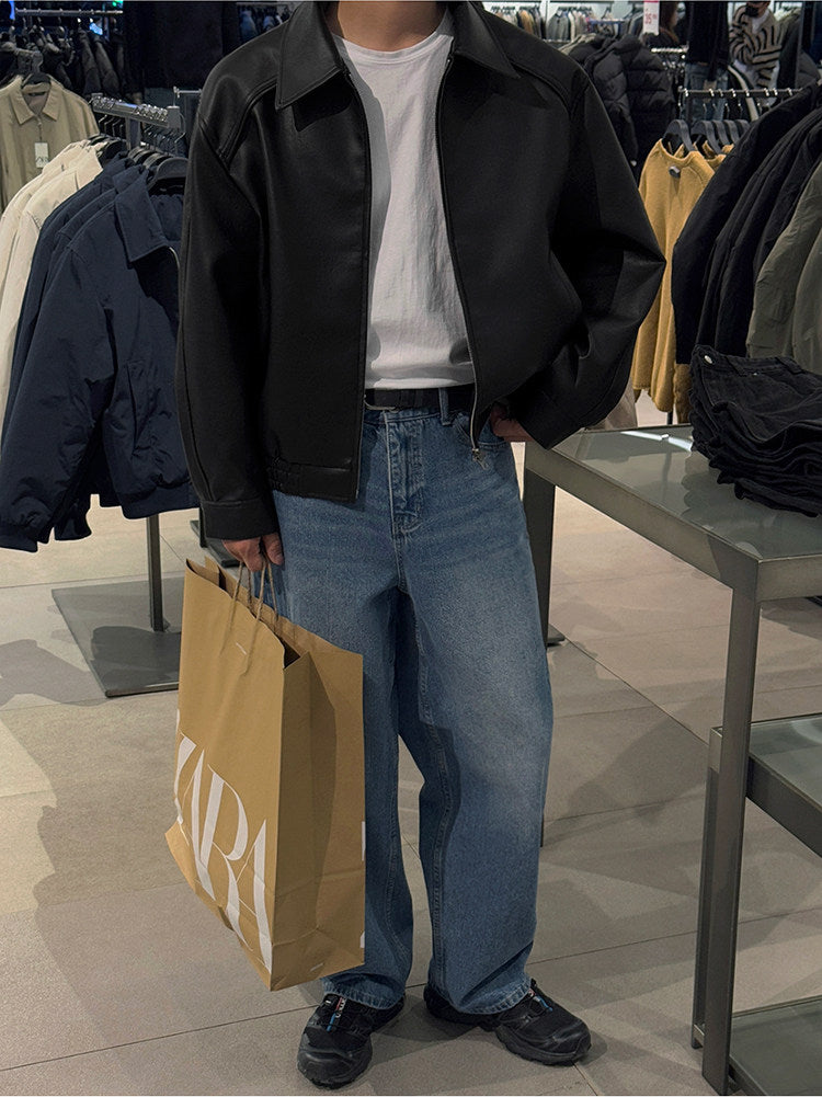 Vintage Lapel Cropped Leather Jacket Casual Loose Fit